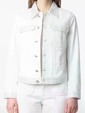 [NWT] $398 ZADIG & VOLTAIRE Kioky Strass Denim Jacket in White with Rhinestones